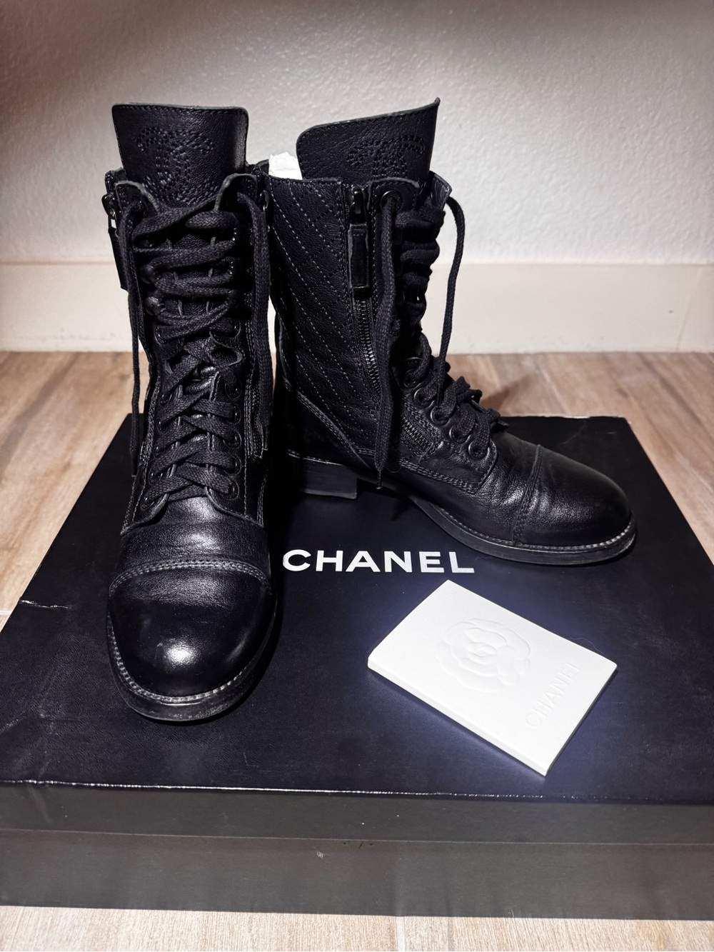 CHANEL Black Lace-Up Quilted Combat Boots